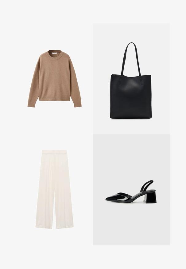 Nježni bež džemper dugih rukava s okruglim izrezom, s rebrastim manžetama, donjim rubom i izrezom, prikazan ravno na bijeloj pozadini.; Hlače širokih nogavica od lagane tkanine, u čvrstoj boji krem, s glatkom teksturom i bez vidljivih uzoraka ili metalnih detalja.; Crne lakirane kožne sandale s otvorenom petom i špicastim vrhom, s geometrijskom blok petom. Imaju elegantan, minimalistički dizajn i glatku teksturu.; Crna kožna torba za nošenje s glatkom teksturom, pravokutnim oblikom i dvije duge ručke. Nema vidljivih metalnih dijelova ili ukrasa.