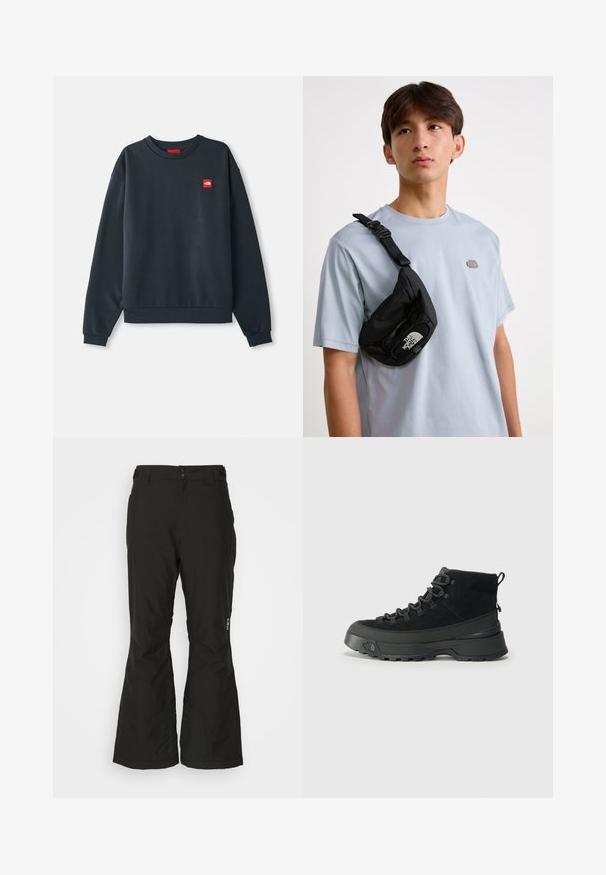 Sudadera de color azul marino oscuro hecha de una mezcla de algodón. Presenta un cuello redondo, mangas largas, puños de canalé y un pequeño logo rojo en el pecho.; Pantalones de esquí negros, impermeables, con un diseño de pierna recta, dos bolsillos laterales y dobladillos inferiores reforzados para mayor durabilidad. Incluyen una cinturilla ajustable.; Botas de senderismo negras con parte superior de ante, suela de goma resistente y ojales reforzados para los cordones. Cuenta con una lengüeta en la parte posterior para facilitar su puesta.; Bolso cruzado negro de nailon con correa ajustable, que presenta un prominente logo blanco. Llevado sobre una camiseta de color azul claro. Diseño simple y funcional.