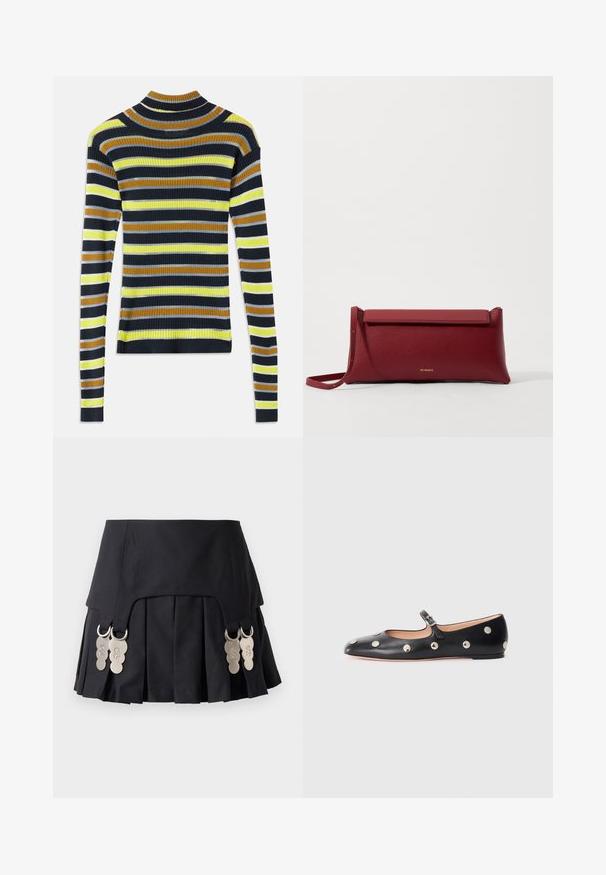 Langsleeve rib gebreide trui met horizontale strepen in zwart, bruin, geel, lichtgrijs en wit op een witte achtergrond.; Zwarte geplooide rok met metalen hardware accenten aan de zijkanten, gemaakt van een gestructureerde stof met een gladde textuur en een strak ontwerp.; Zwarte leren Mary Jane ballerina met een ronde neus, voorzien van zilveren ronde studs en een verstelbaar bandje met een gesp.; Rode leren clutch met een gestructureerde afwerking, met een vlakke omvouwtop en een korte strap. Subtiele merklogo op de voorkant.