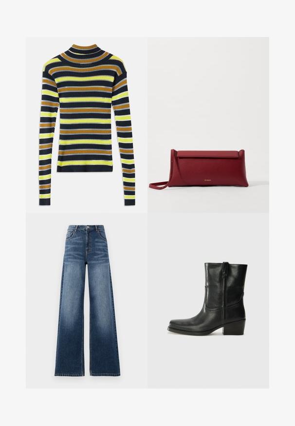 Svetr s dlouhým rukávem, ribovaný pletený, s vodorovnými pruhy v černé, hnědé, žluté, světle šedé a bílé na bílém pozadí.; Džínové kalhoty s širokými nohavicemi v středně modré barvě, s vysokým pasem, efektem vyblednutí a klasickým pětioktovým designem se šitými akcenty.; Černá kožená kotníková bota s kulatou špičkou, blokovým podpatkem, bočním zipem a prošíváním na svršku. Hladký povrch, klasický design.; Červená kožená kabelka na ruku s texturovaným povrchem, s plochým sklápěcím vrchem a krátkým popruhem. Jemné logo značky vepředu.