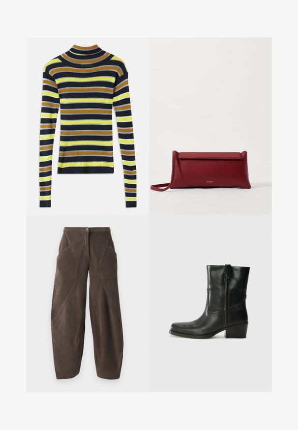 Pull en maille côtelée à manches longues avec des rayures horizontales noires, brunes, jaunes, gris clair et blanches sur un fond blanc.; Pantalon en velours côtelé marron à jambes larges, taille haute, fermeture à bouton sur le devant et détails de couture en biais sur les jambes.; Bottine en cuir noir avec un bout rond, un talon carré, une fermeture éclair sur le côté et des coutures décoratives sur l'empeigne. Texture lisse, design classique.; Pochette en cuir rouge à la finition texturée, avec un rabat plat et une courte sangle. Logo de marque discret sur le devant.
