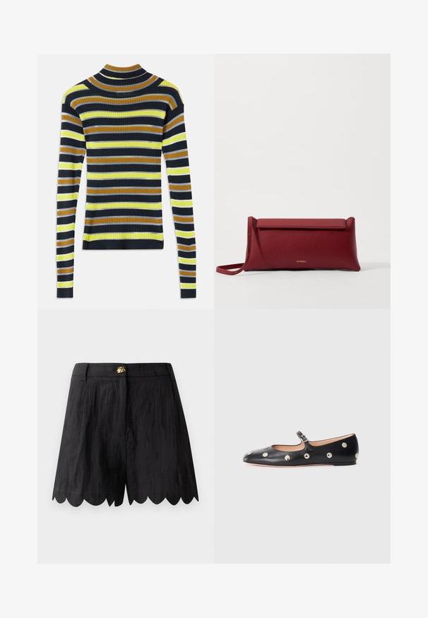 Ilgų rankovių ribotas megztinis su horizontaliomis juostelėmis juodos, rudos, geltonos, šviesiai pilkos ir baltos spalvų ant balto fono.; Juodi džinsai su tekstūruotu paviršiumi, su banginiu kraštu, juosmeniu ir aukso detalėmis priekyje.; Juodų odinių Mary Jane plokščių batų su apvaliu pirštu, papuoštų sidabriniais apvaliais nagais ir reguliuojamu dirželiu su sagtimi.; Raudona odinė rankinė su tekstūruotu paviršiumi, turinti plokščią užlenkiamą viršų ir trumpą dirželį. Subtilus prekės ženklo logotipas priekyje.