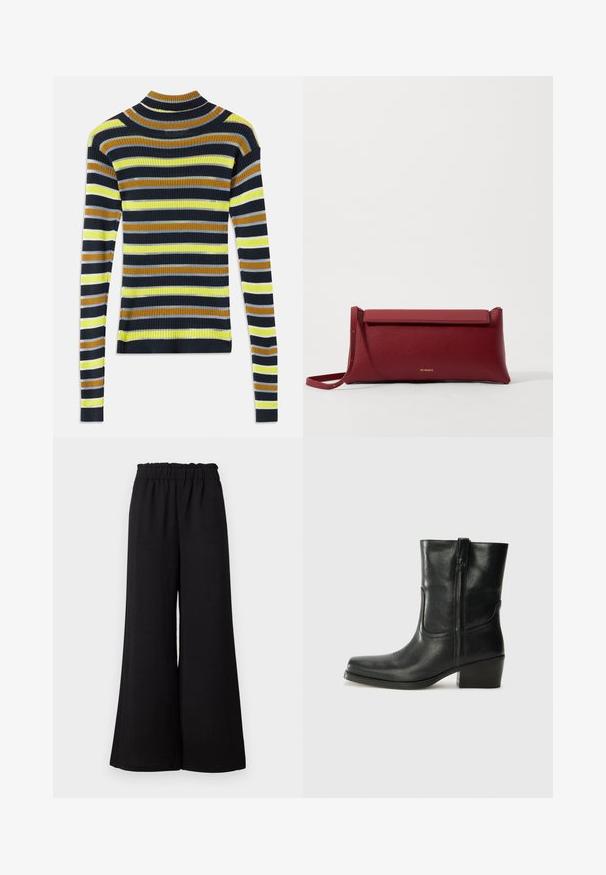 Ilgų rankovių ribotas megztinis su horizontaliomis juostelėmis juodos, rudos, geltonos, šviesiai pilkos ir baltos spalvų ant balto fono.; Juodos plačios kelnės su elastinga juosmens juosta, pagamintos iš tekstūruotos medžiagos, pasižyminčios laisvu siluetu ir tiesiomis apačiomis.; Juodi odiniai aulinukai iki kulkšnies su apvali nosimi, blokuotais kulnais, šonine užtrauktuku ir siuvimo akcentais ant viršutinės dalies. Lygi tekstūra, klasikinis dizainas.; Raudona odinė rankinė su tekstūruotu paviršiumi, turinti plokščią užlenkiamą viršų ir trumpą dirželį. Subtilus prekės ženklo logotipas priekyje.