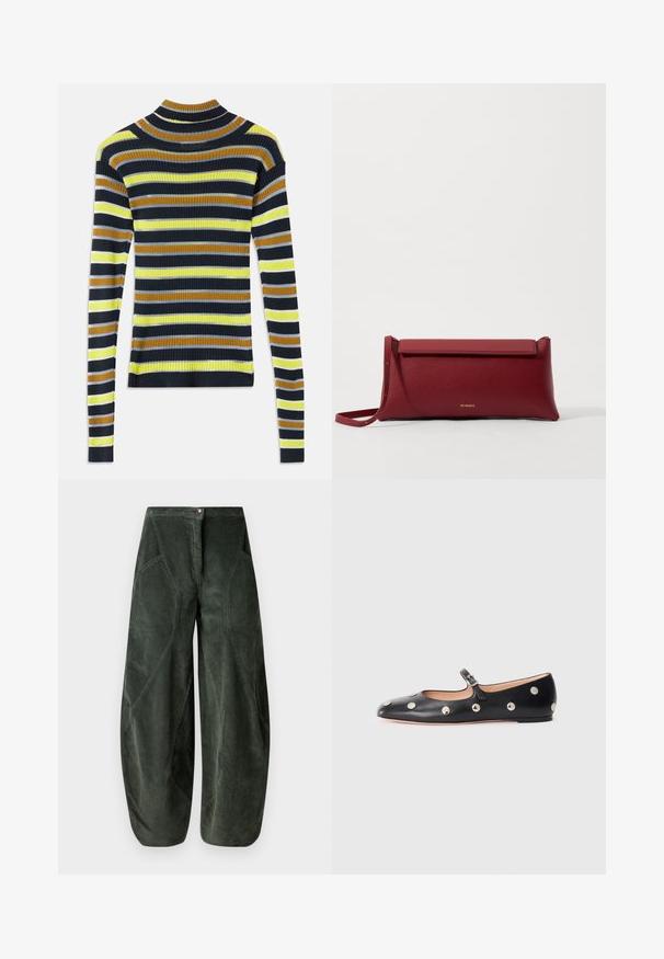 Ilgų rankovių ribotas megztinis su horizontaliomis juostelėmis juodos, rudos, geltonos, šviesiai pilkos ir baltos spalvų ant balto fono.; Plati kelnės tamsiai žaliuose kordūrovo audiniuose su mygtuko uždarymu ir kampuotomis šoninėmis kišenėmis su tekstūrine, gilių įdubimų raštu.; Juodų odinių Mary Jane plokščių batų su apvaliu pirštu, papuoštų sidabriniais apvaliais nagais ir reguliuojamu dirželiu su sagtimi.; Raudona odinė rankinė su tekstūruotu paviršiumi, turinti plokščią užlenkiamą viršų ir trumpą dirželį. Subtilus prekės ženklo logotipas priekyje.