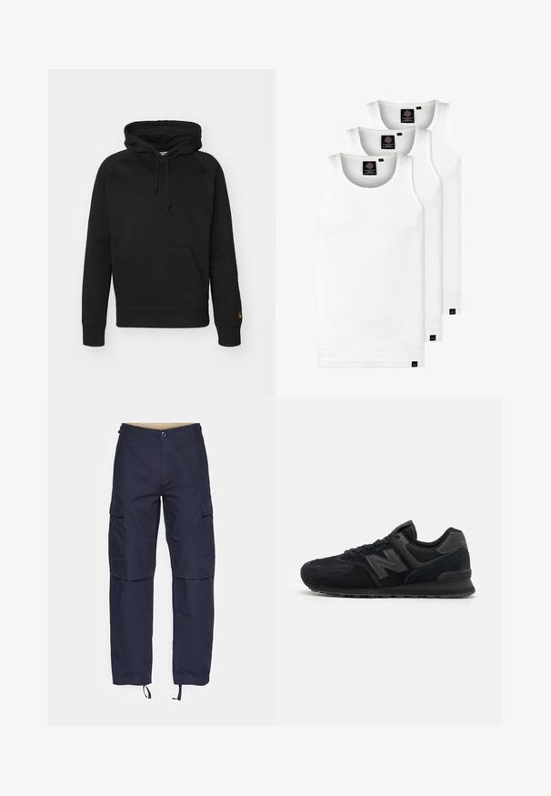 Czarna bluza z kapturem uszyta z miękkiego materiału, z przednią kieszenią, regulowanym sznurkiem i prążkowanymi mankietami. Gładka tekstura z minimalnymi detalami.; Trzy białe prążkowane koszulki na ramiączkach wykonane z bawełny. Posiadają okrągły dekolt i małe czarne metki blisko dolnego brzegu. Dostępne w różnych rozmiarach.; Granatowe spodnie cargo wykonane z tkaniny, z wieloma kieszeniami, zapięciem na guzik oraz regulowanymi trokami na dole, co pozwala na dostosowanie dopasowania.; Czarne zamszowe i siateczkowe buty sportowe z teksturowaną cholewką, wyściełanym kołnierzem, płaskimi sznurowadłami i szarym logo po boku.