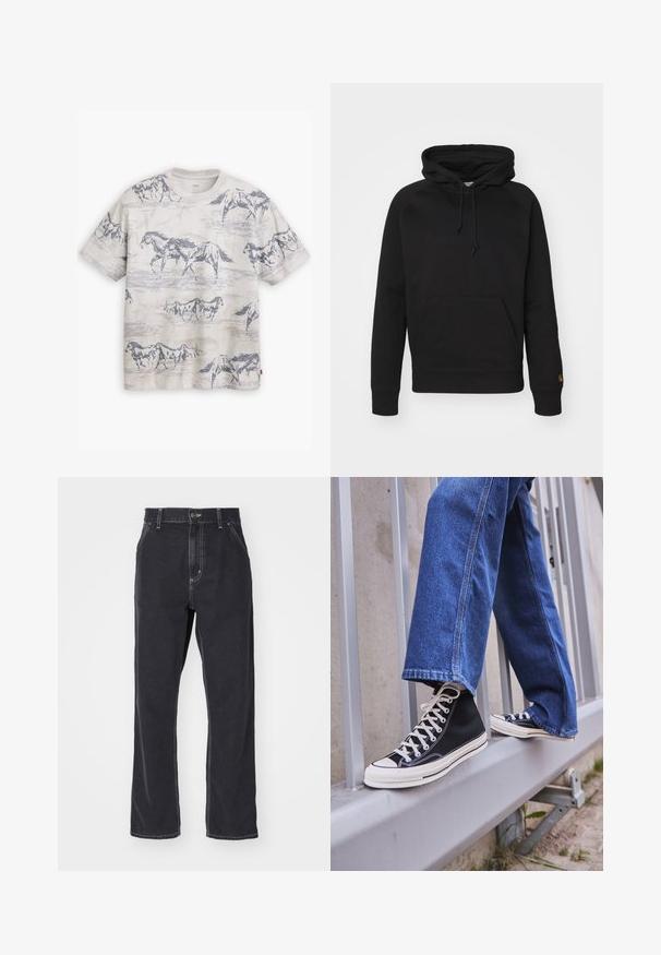 Μαύρο φούτερ από μαλακό ύφασμα, με μπροστινή τσέπη, ρυθμιζόμενο κορδόνι και ριμπ μανσέτες. Λείο υλικό με ελάχιστες λεπτομέρειες.; Levi's® VINTAGE TEE - Βασικό μπλουζάκι - white onyx; Μαύρα τζιν παντελόνια με ίσια γραμμή, διαθέτουν φερμουάρ, πέντε τσέπες και αντίθετο κέντημα κατά μήκος των ραφών.; Μαύρα ψηλά sneakers με λευκή σόλα και κορδόνια, συνδυασμένα με χαλαρές μπλε τζιν παντελόνες, τοποθετημένα σε μια γκρίζα ράβδο.