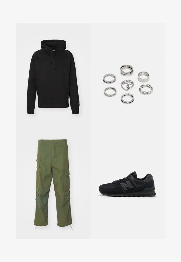 Melnā kapucīne no mīksta auduma, ar priekšējo kabatu, regulējamu auklu un ribotām piedurknēm. Gluda tekstūra ar minimālu noformējumu.; Olīvzaļi kravas bikses, izgatavotas no kokvilnas, ar sānu kabatām, pogu aizdari, taisnu piegriezumu un regulējamiem apakšmalām, lai pielāgotu garumu.; Melnas zamšādas un acs sporta kurpes ar teksturētu virsu, mīkstu apkārtni, plakaniem šņorēm un pelēku logotipa akcentu sānos.; Septi sudraba gredzeni ar dažādām dizaina iezīmēm, ieskaitot savītas, savienotas un iegravētas formas. Atšķirīgas formas un platumi.