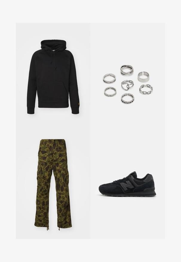 Melnā kapucīne no mīksta auduma, ar priekšējo kabatu, regulējamu auklu un ribotām piedurknēm. Gluda tekstūra ar minimālu noformējumu.; Carhartt WIP DUCK PANT - Armijas stila bikses - green/office green; Melnas zamšādas un acs sporta kurpes ar teksturētu virsu, mīkstu apkārtni, plakaniem šņorēm un pelēku logotipa akcentu sānos.; Septi sudraba gredzeni ar dažādām dizaina iezīmēm, ieskaitot savītas, savienotas un iegravētas formas. Atšķirīgas formas un platumi.