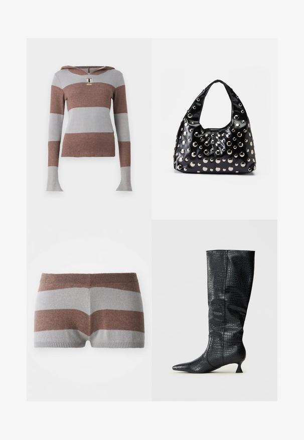 Hooded sweater in striped brown and light gray knit. Features long sleeves and a gold emblem at the chest. Soft texture.; Knitted shorts in gray and brown stripes. Features a fitted waistband and smooth texture, with distinct color blocking.; Knee-high black faux leather boots with a glossy crocodile texture, pointed toe, and a slim, angular heel. Classic design and sleek silhouette.; Black patent leather handbag with a rounded shape, featuring silver metallic studs in varying sizes, and a wide strap for easy carrying.
