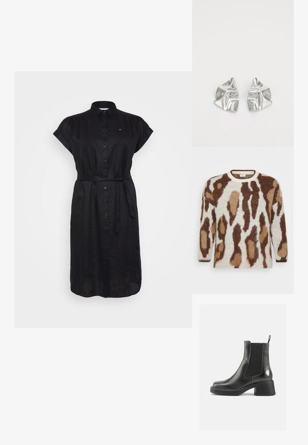 Megztinis su kreminiu pagrindu ir rudu bei smėlio spalvos gyvūnų raštu. Apvalus iškirpimas, ilgomis rankovėmis, minkšta tekstūra ir laisvas siluetas.; Juoda marškininė su trumpomis rankovėmis, mygtukų ietimi priekyje ir savarankiškai rišamu diržu juosmens srityje. Pagaminta iš lengvos medžiagos su tekstūruotu paviršiumi.; Juodos odinės kulkšninių botai su lygia apdaila, elastingais šonais ir storu kulnu. Yra vilkimo kilpa, skirta patogesniam apsiaustui.; Sidabriniai metaliniai Auskarai su banginiu, skulptūriniu dizainu, pasižymintys poliruotu paviršiumi ir nereguliariomis formomis, išryškinančiomis šiuolaikišką estetiką.