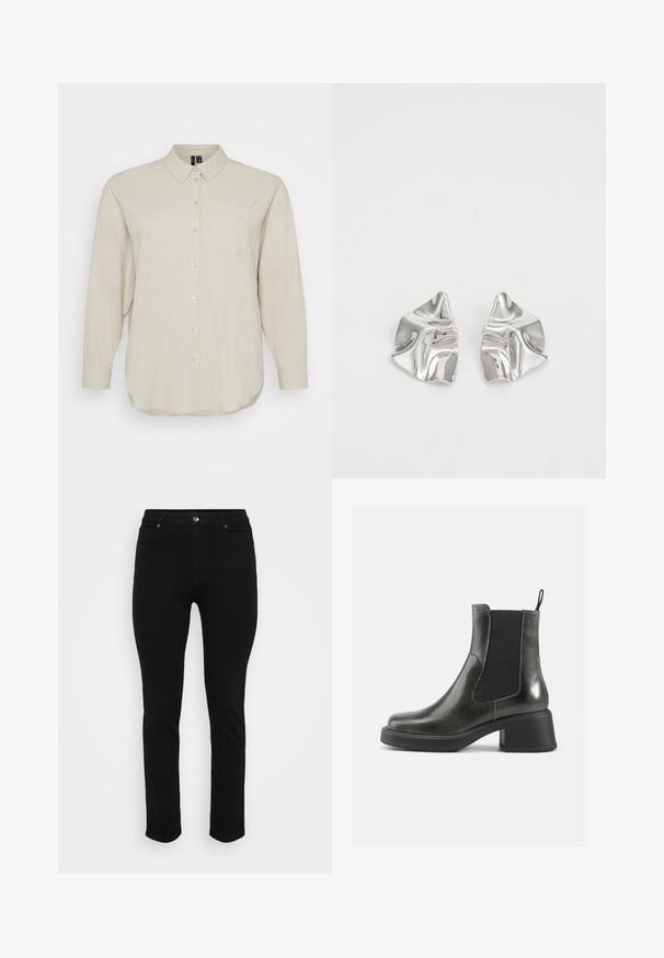 Knit sweater featuring a cream base with brown and tan animal print. Round neckline, long sleeves, soft texture, and relaxed fit.; Light beige long-sleeve shirt made of soft fabric, featuring a button-up front, classic collar, and a single chest pocket. Smooth texture.; Black denim jeans with a slim fit, five-pocket design, front button closure, and slight stretch for comfort. Flat, smooth texture with minimal detailing.; Black leather ankle boots with a smooth finish, elastic side panels, and a chunky heel. Features a pull tab for easier wear.; Silver metal earrings with a wavy, sculptural design featuring a polished finish and irregular shapes, highlighting a contemporary aesthetic.