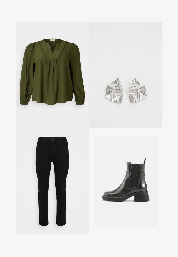 Pletena jopica z osnovno kremo barvo in rjavimi ter svetlo rjavimi živalskimi vzorci. Okrogli izrez, dolgi rokavi, mehak material in sproščen kroj.; Olivno zelena bluza z dolgimi rokavi in V-izrezom, z navpičnimi črtami, nabrana v pasu in napihnjenimi rokavi z elastiko na manšetah.; Črne kavbojke iz denima s oprijetim krojem, petimi žepi, sprednjo zaponko in rahlo raztegljivim materialom za udobje. Ravna, gladka tekstura z minimalnimi detajli.; Črne usnjene gležnjarje z gladko površino, elastičnimi stranskimi paneli in masivnim petami. Imajo praktično zanko za lažje obuvanje.; Srebrni kovinski uhani z valovitim, skulpturalnim dizajnom, ki se ponašajo s poliranim zaključkom in nerednimi oblikami, kar poudarja sodobno estetiko.