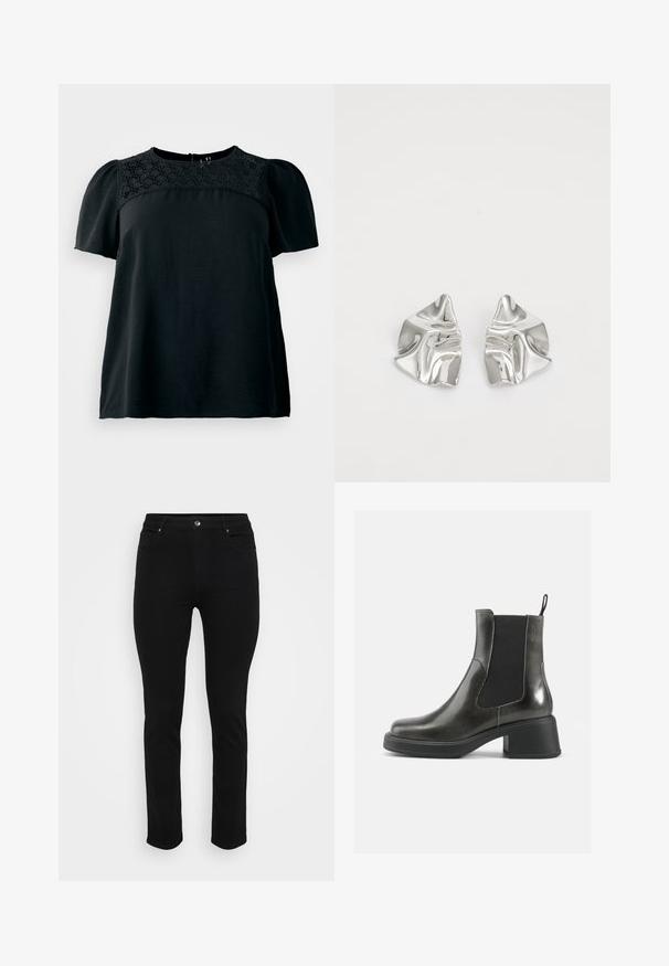 Gebreide trui met een crèmekleurige basis en een bruin en tan dierenprint. Ronde halslijn, lange mouwen, zachte textuur en een ontspannen pasvorm.; Zwarte top met korte mouwen, voorzien van een textuur kantpaneel op de ronde halslijn, met een losvallende pasvorm en zachte stof. Achterkant met sluitdetail.; Zwarte denim jeans met een slim fit, vijf-pocket ontwerp, voorste knoopsluiting en lichte stretch voor comfort. Plat, gladde textuur met minimale details.; Zwarte leren enkellaarzen met een gladde afwerking, elastische zijpanelen en een zware hak. Voorzien van een lus voor gemakkelijker aan- en uittrekken.; Zilveren metalen oorbellen met een golvend, sculpturaal ontwerp, voorzien van een gepolijste afwerking en onregelmatige vormen, die een hedendaagse esthetiek benadrukken.