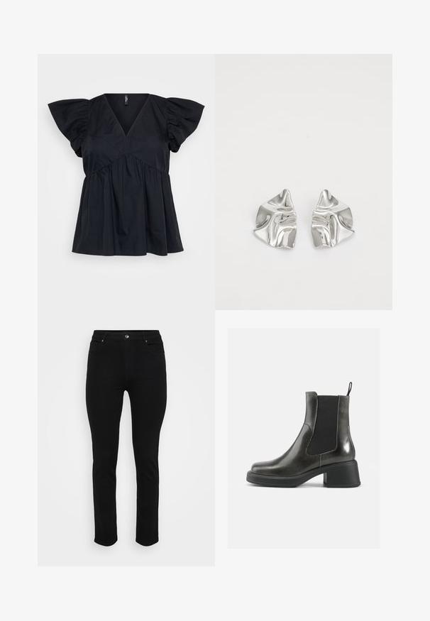 Pletena jopica z osnovno kremo barvo in rjavimi ter svetlo rjavimi živalskimi vzorci. Okrogli izrez, dolgi rokavi, mehak material in sproščen kroj.; Črn bombažni top z V-izrezom, kratkimi napihnjenimi rokavi in nabrano detajlno obleko v pasu za ohlapen, tekoč fit.; Črne kavbojke iz denima s oprijetim krojem, petimi žepi, sprednjo zaponko in rahlo raztegljivim materialom za udobje. Ravna, gladka tekstura z minimalnimi detajli.; Črne usnjene gležnjarje z gladko površino, elastičnimi stranskimi paneli in masivnim petami. Imajo praktično zanko za lažje obuvanje.; Srebrni kovinski uhani z valovitim, skulpturalnim dizajnom, ki se ponašajo s poliranim zaključkom in nerednimi oblikami, kar poudarja sodobno estetiko.