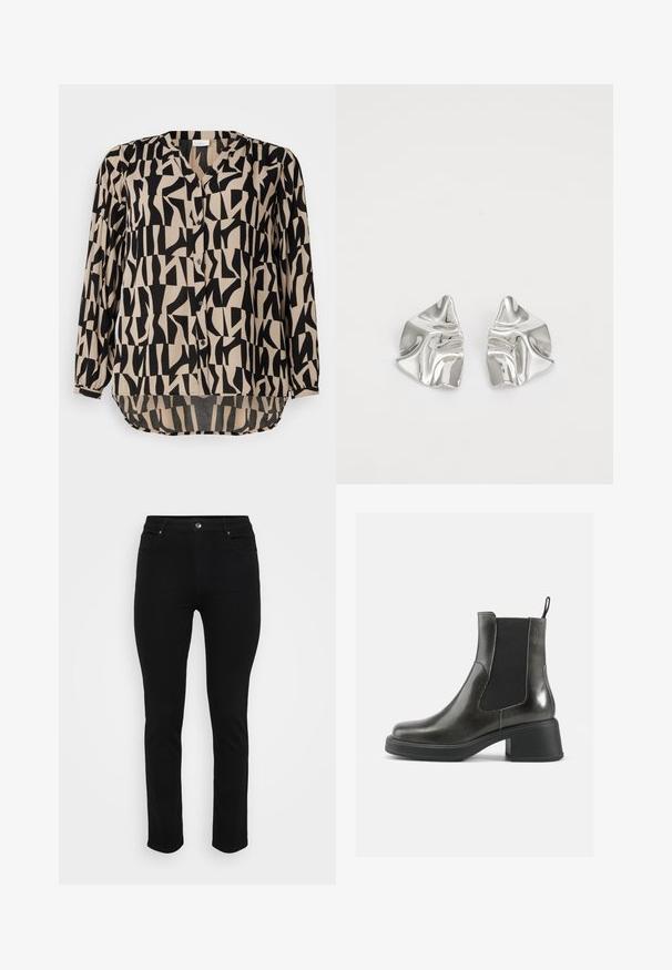 Pletený svetr s krémovým základem a hnědým a béžovým zvířecím vzorem. Kulatý výstřih, dlouhé rukávy, jemná textura a uvolněný střih.; Černá a béžová vzorovaná blůza s výstřihem do V, zapínáním na knoflíky vpředu, dlouhými rukávy a mírně zakřiveným lemem. Měkká, lehká tkanina.; Černé džíny z denimu s úzkým střihem, designem pěti kapes, předním zapínáním na knoflík a mírným strečovým efektem pro pohodlí. Hladký, plochý povrch s minimálním zdobením.; Černé kožené kotníkové boty s hladkým povrchem, elastickými bočními panely a masivním podpatkem. Obsahují poutko pro snadnější nazouvání.; Stříbrné kovové náušnice s vlnitým, sochařským designem s leštěným povrchem a nepravidelnými tvary, které zdůrazňují moderní estetiku.