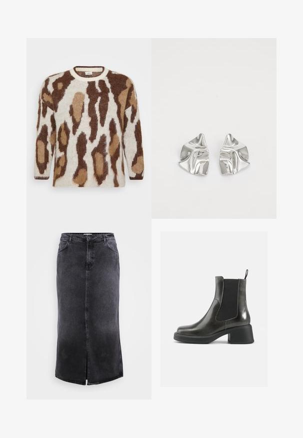Suéter de malha com base creme e padrão de animais em castanho e bege. Decote redondo, mangas longas, textura suave e corte descontraído.; ONLY Carmakoma CARCILLA LONG SLIT SKIRT - Saia comprida - washed black; Botas de tornozelo em couro negro com um acabamento liso, painéis laterais elásticos e um salto robusto. Apresentam uma alça na parte de trás para facilitar o calçar.; Brincos de metal prateado com um design ondulante e escultural, apresentando um acabamento polido e formas irregulares, destacando uma estética contemporânea.
