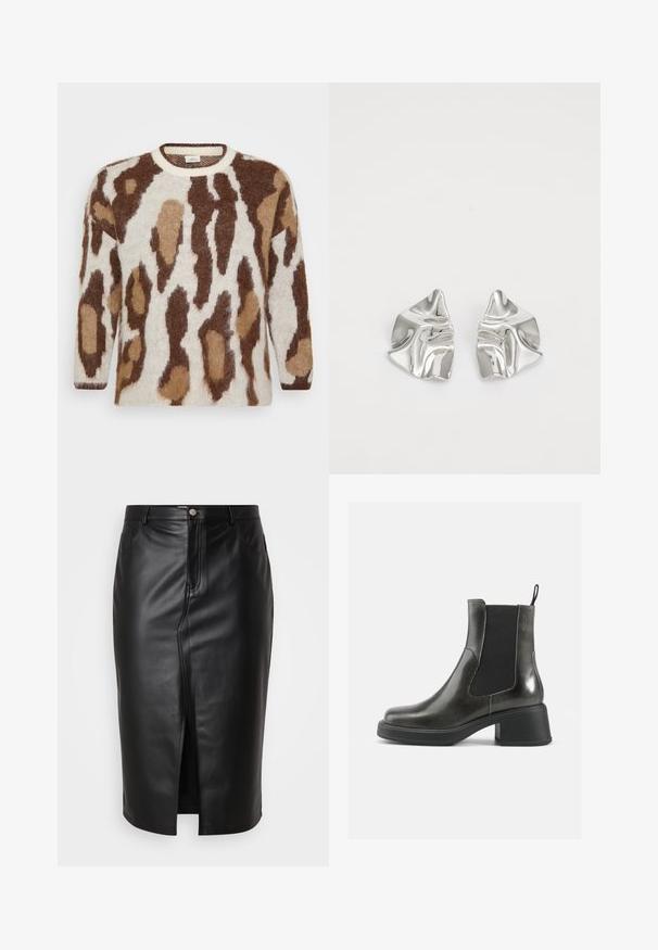 Adīta džemperis ar krēmīgu pamatu un brūnu un brūnganu dzīvnieku rakstu. Apaļš izgriezums, garas piedurknes, mīksta tekstūra un brīvs piegriezums.; Melnas ādas zīmuļa svārki ar priekšējo izgriezumu, pieguļošs dizains un kontrastējošas šuves. Iekļauj jostu cilpas un priekšējās kabatas.; Melni ādas potītes zābaki ar gludu apdari, elastīgu sānu paneļu un masīvu papēdi. Aprīkoti ar cilpu, kas atvieglo uzvilkšanu.; Sudraba metāla auskari ar viļņainu, skulpturālu dizainu, kas izceļas ar pulētu apdari un neregulārām formām, uzsverot mūsdienīgu estētiku.