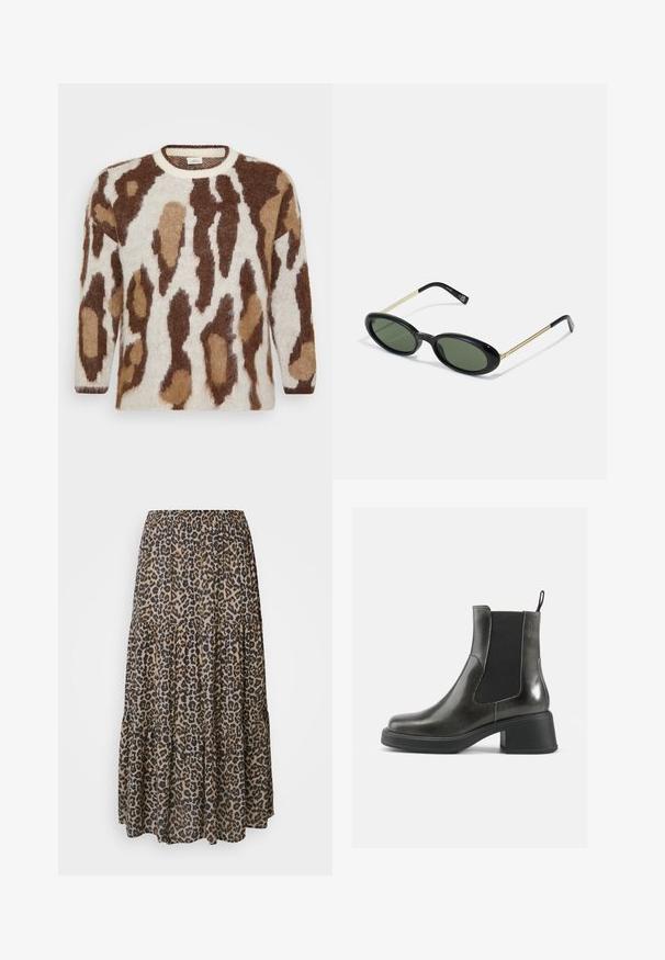 Suéter de malha com base creme e padrão de animais em castanho e bege. Decote redondo, mangas longas, textura suave e corte descontraído.; Saia maxi em estampado de leopardo com cinta elástica, design camadas e tecido suave e leve em tons de castanho, preto e bege.; Botas de tornozelo em couro negro com um acabamento liso, painéis laterais elásticos e um salto robusto. Apresentam uma alça na parte de trás para facilitar o calçar.; Óculos de sol em formato oval com lentes verdes, frente em plástico preto e hastes finas em metal dourado. Apresenta um design minimalista com textura suave.; Brincos de metal prateado com um design ondulante e escultural, apresentando um acabamento polido e formas irregulares, destacando uma estética contemporânea.