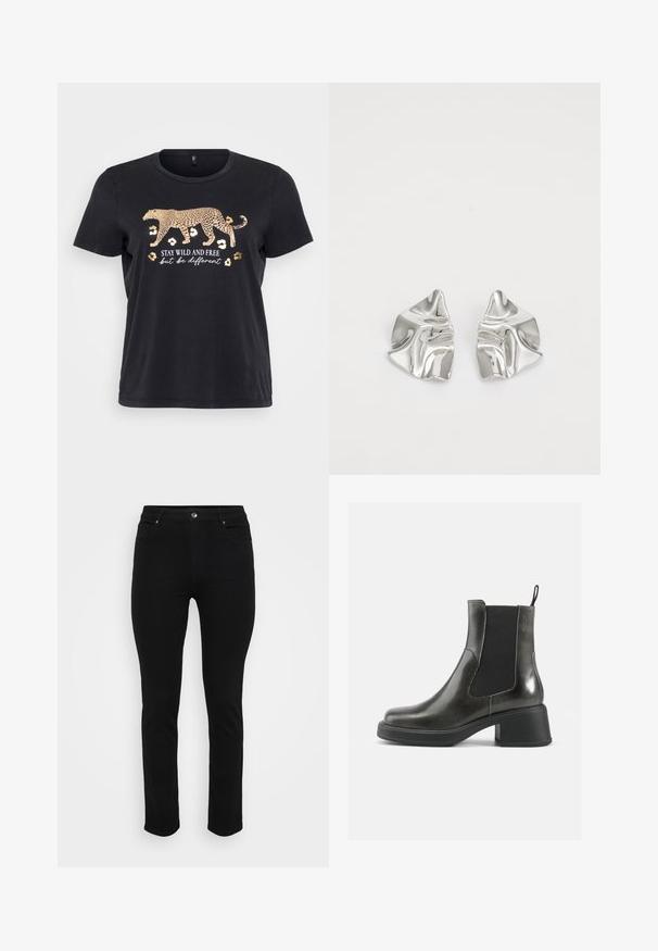 Knit sweater featuring a cream base with brown and tan animal print. Round neckline, long sleeves, soft texture, and relaxed fit.; Black cotton t-shirt featuring a leopard graphic in gold with the text "STAY WILD AND FREE but be different" below. Short sleeves, round neck.; Black denim jeans with a slim fit, five-pocket design, front button closure, and slight stretch for comfort. Flat, smooth texture with minimal detailing.; Black leather ankle boots with a smooth finish, elastic side panels, and a chunky heel. Features a pull tab for easier wear.; Silver metal earrings with a wavy, sculptural design featuring a polished finish and irregular shapes, highlighting a contemporary aesthetic.