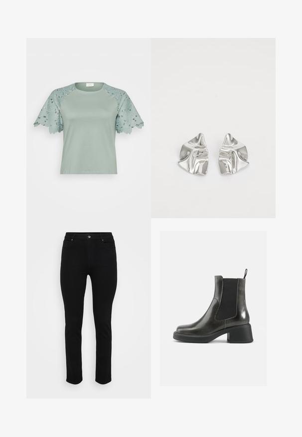 Megztinis su kreminiu pagrindu ir rudu bei smėlio spalvos gyvūnų raštu. Apvalus iškirpimas, ilgomis rankovėmis, minkšta tekstūra ir laisvas siluetas.; Šviesiai žalia palaidinė su nėriniuotomis rankovėmis, dekoruotomis gėlių raštais ir išpjovomis, demonstruojanti kasdienišką, bet stilingą dizainą.; Juodi džinsai su siauru pasisekimu, penkių kišenių dizainu, priekiniais užsegimais ir šiek tiek tampri, kad būtų patogiau. Lygus, švelnus paviršius su minimaliais dekoratyviais elementais.; Juodos odinės kulkšninių botai su lygia apdaila, elastingais šonais ir storu kulnu. Yra vilkimo kilpa, skirta patogesniam apsiaustui.; Sidabriniai metaliniai Auskarai su banginiu, skulptūriniu dizainu, pasižymintys poliruotu paviršiumi ir nereguliariomis formomis, išryškinančiomis šiuolaikišką estetiką.