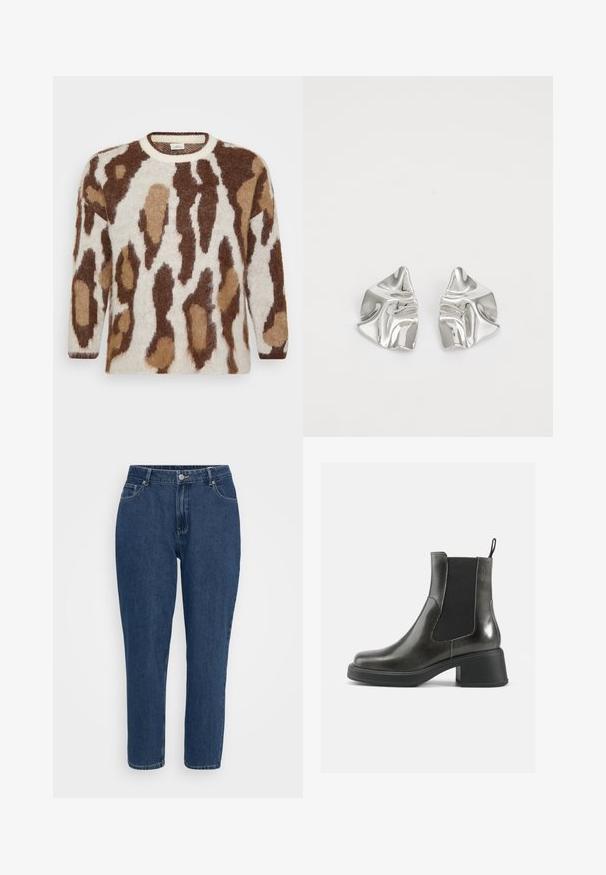 Suéter de malha com base creme e padrão de animais em castanho e bege. Decote redondo, mangas longas, textura suave e corte descontraído.; Jean de ganga azul escuro de cintura alta, corte reto, com bolsos frontais, passantes para cinto, botão de metal e fecho de zip numa fundo branco.; Botas de tornozelo em couro negro com um acabamento liso, painéis laterais elásticos e um salto robusto. Apresentam uma alça na parte de trás para facilitar o calçar.; Brincos de metal prateado com um design ondulante e escultural, apresentando um acabamento polido e formas irregulares, destacando uma estética contemporânea.