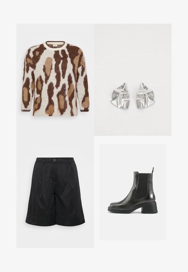 Adīta džemperis ar krēmīgu pamatu un brūnu un brūnganu dzīvnieku rakstu. Apaļš izgriezums, garas piedurknes, mīksta tekstūra un brīvs piegriezums.; Melni šorti ar teksturētu audumu, kas ir aprīkoti ar priekšējo pogu aizdari, krokām, atlocītu apakšmalu un sānu kabatām.; Melni ādas potītes zābaki ar gludu apdari, elastīgu sānu paneļu un masīvu papēdi. Aprīkoti ar cilpu, kas atvieglo uzvilkšanu.; Sudraba metāla auskari ar viļņainu, skulpturālu dizainu, kas izceļas ar pulētu apdari un neregulārām formām, uzsverot mūsdienīgu estētiku.
