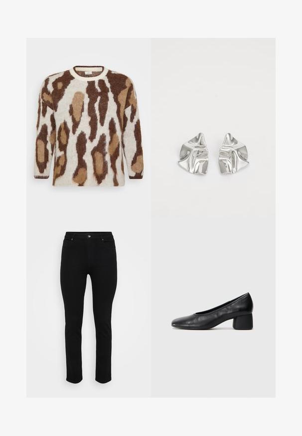 Pleteno džemper s krem osnovom i smeškim i smeškim životinjskim printom. Okrugli izrez, dugi rukavi, mekana tekstura i opušteni kroj.; Crne traperice od denima slim fit kroja, s pet džepova, zatvaranjem na dugme sprijeda i blago rastezljivim materijalom za udobnost. Ravna, glatka tekstura s minimalnim ukrasima.; Crna kožna pumpica s okruglim vrhom i srednje blok petom. Glatka tekstura s minimalnim detaljima, s suptilnim elastičnim otvaranjem.; Srebrne metalne naušnice s valovitim, skulpturalnim dizajnom, naglašenim sjajnom završnom obradom i nepravilnim oblicima, što ističe suvremeni estetski izraz.