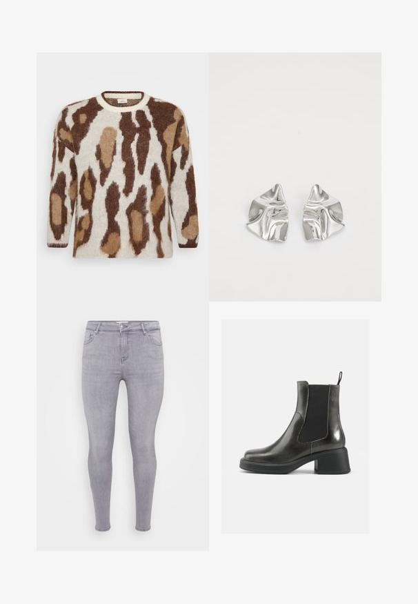Adīta džemperis ar krēmīgu pamatu un brūnu un brūnganu dzīvnieku rakstu. Apaļš izgriezums, garas piedurknes, mīksta tekstūra un brīvs piegriezums.; Pelēkas šauras džinsi, izgatavoti no denima, ar klasisku piecu kabatu dizainu, ar rāvējslēdzēja aizdari un gludu tekstūru ar nelielu stiepšanos.; Melni ādas potītes zābaki ar gludu apdari, elastīgu sānu paneļu un masīvu papēdi. Aprīkoti ar cilpu, kas atvieglo uzvilkšanu.; Sudraba metāla auskari ar viļņainu, skulpturālu dizainu, kas izceļas ar pulētu apdari un neregulārām formām, uzsverot mūsdienīgu estētiku.