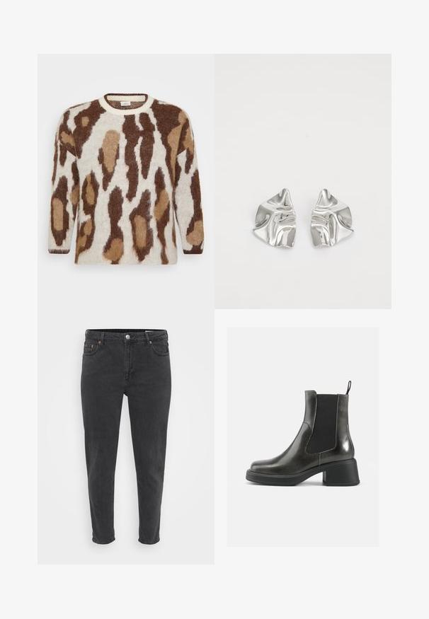 Knit sweater featuring a cream base with brown and tan animal print. Round neckline, long sleeves, soft texture, and relaxed fit.; Slim-fit black denim jeans with front button and zip, belt loops, and five pockets, shown on a plain light background.; Black leather ankle boots with a smooth finish, elastic side panels, and a chunky heel. Features a pull tab for easier wear.; Silver metal earrings with a wavy, sculptural design featuring a polished finish and irregular shapes, highlighting a contemporary aesthetic.