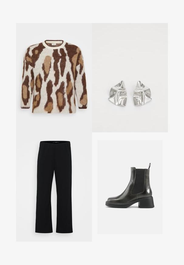 Maglione a maglia con base crema e stampa animale marrone e beige. Collo rotondo, maniche lunghe, texture morbida e vestibilità rilassata.; Pantaloni neri a gamba larga realizzati in tessuto morbido. Presentano un elastico in vita e una superficie liscia. Nessun motivo o dettaglio visibile.; Stivali alla caviglia in pelle nera con una finitura liscia, pannelli laterali elastici e un tacco robusto. Presentano una linguetta per facilitare l'inserimento.; Orecchini in metallo argento con un design ondulato e scultoreo, caratterizzati da una finitura lucida e forme irregolari, che evidenziano un'estetica contemporanea.