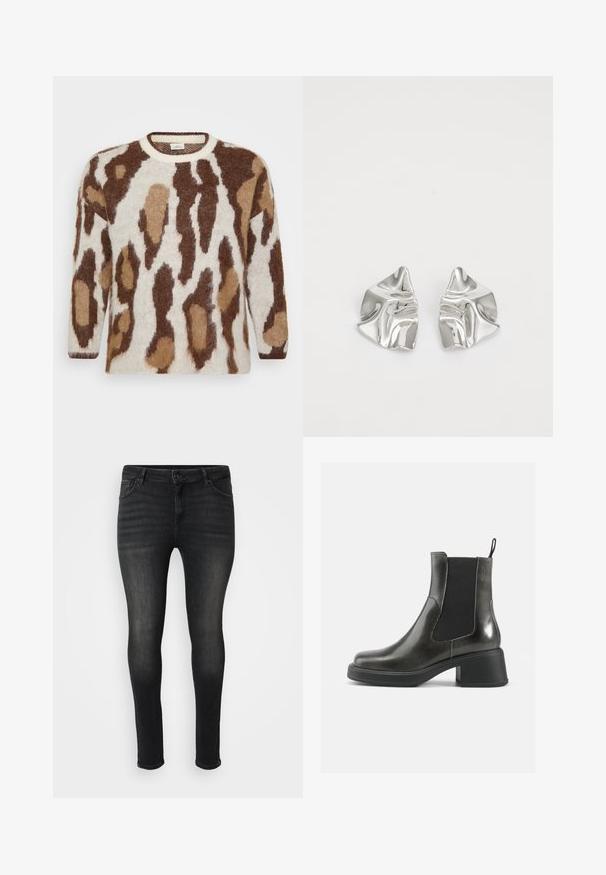 Suéter de malha com base creme e padrão de animais em castanho e bege. Decote redondo, mangas longas, textura suave e corte descontraído.; Jeans de ganga pretos com um corte slim, apresentando um cós detalhado, cinco bolsos e uma leve textura desbotada ao longo das pernas.; Botas de tornozelo em couro negro com um acabamento liso, painéis laterais elásticos e um salto robusto. Apresentam uma alça na parte de trás para facilitar o calçar.; Brincos de metal prateado com um design ondulante e escultural, apresentando um acabamento polido e formas irregulares, destacando uma estética contemporânea.