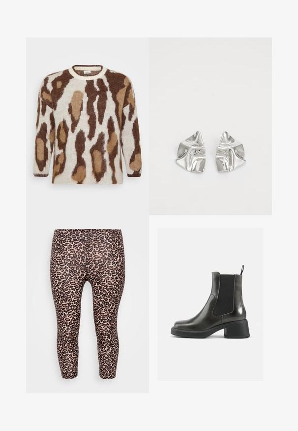 Kötött pulóver krémszínű alapra épül, barna és bézs állatmintával. Kerek nyakkivágás, hosszú ujjak, puha tapintás és laza szabás.; Leopárdmintás leggings, testhez simuló fazonnal, rugalmas derékkal, sima textúrával, világos bézs háttérrel, sötétbarna foltokkal.; Fekete bőr bokacsizmák sima felülettel, rugalmas oldalsó panelekkel és vastag sarkakkal. Jellemzőjük egy húzófül, amely megkönnyíti a felvételt.; Ezüst fém fülbevalók hullámos, szobrászati kialakítással, fényes felülettel és szabálytalan formákkal, amelyek a kortárs esztétikát hangsúlyozzák.