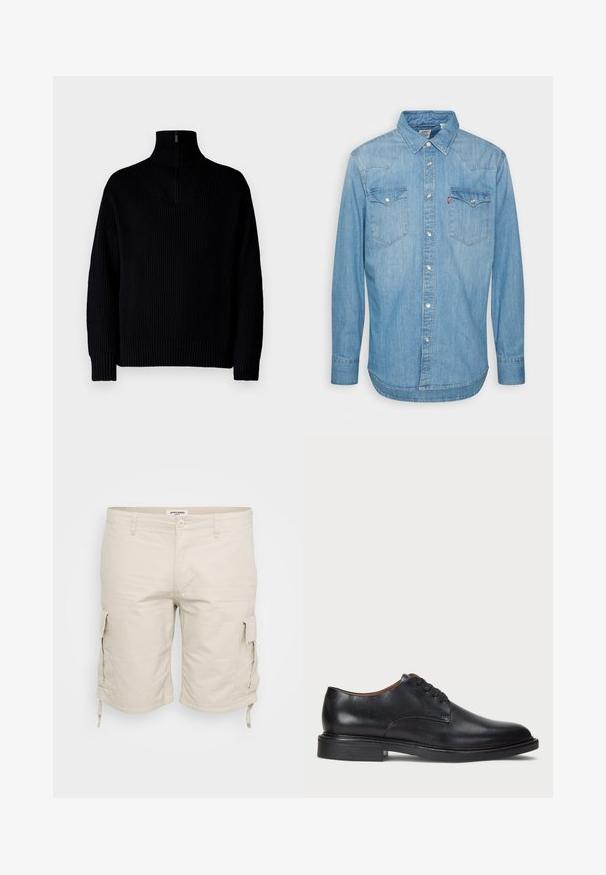 Schwarzer gerippter Rollkragenpullover mit einem Halb-Reißverschluss am Kragen, langärmlig und in lässiger Passform. Die Textur ist weich und grob.; Hellblaues Denim-Hemd mit langen Ärmeln, spitzem Kragen und zwei Brusttaschen. Verfügt über eine Knopfverschlüsse und einen abgerundeten Saum.; Beige Cargo-Shorts aus leichtem Stoff, mit Seitentaschen, verstellbaren Kordeln am Saum und einem klassischen Fünf-Taschen-Design.; Schwarze Lederdressschuhe mit runder Zehenform, Schnürdesign und niedrigem gestapeltem Absatz. Glatte Textur mit minimalen Nähten.