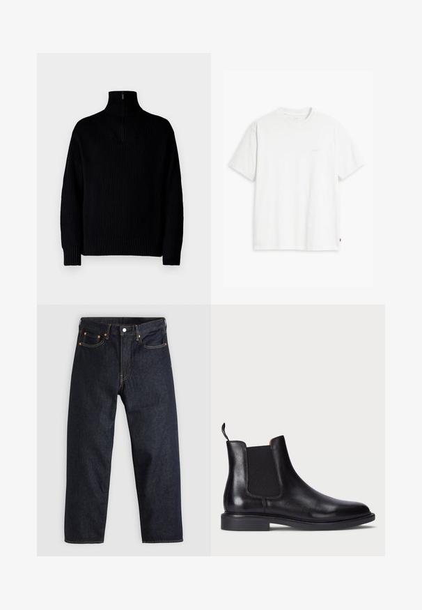 Crni rebrasti pulover s visokim vratom i polu-zatvaračem na ovratniku, ima duge rukave i opušteni kroj. Tekstura je mekana i gusta.; Bijela pamučna majica kratkih rukava, s okruglim izrezom i suptilnim "Levi's" logotipom u svijetloj boji na prednjoj strani.; Tamno plave traperice ravnog kroja, s pet džepova, kontrastnim narančastim šavovima i dugmetom za zatvaranje. Nema vidljivih uzoraka ili ukrasa.; Crne kožne Chelsea čizme s elastičnim bočnim panelima, teksturiranim površinom, zaobljenim nožnim prstom i niskom zalihom petom. Sadrže trakicu za lakše obuvanje.