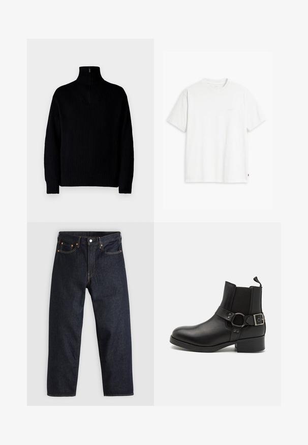 Svart ribbad polotröja med halvdragkedja i kragen, med långa ärmar och avslappnad passform. Texturen är mjuk och kraftig.; Vit bomulls-t-shirt med korta ärmar, rund halsringning och en diskret "Levi's"-logotyp tryckt i ljus färg på framsidan.; Mörkblå denimjeans med rak passform, fem fickor, kontrasterande orange sömmar och knappgylf. Inga synliga mönster eller dekorationer.; Steve Madden ANTONN - Cowboy- / Bikerstövletter - black