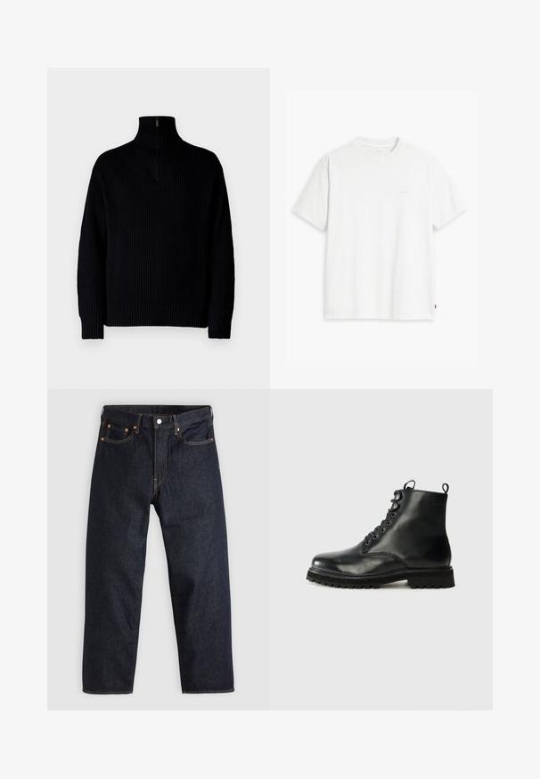 Melnā, ribiņota turtleneck džemperis ar pusi rāvējslēdzēju apkaklē, garām piedurknēm un brīvu piegriezumu. Audums ir mīksts un masīvs.; Balts kokvilnas T-krekls ar īsām piedurknēm un apaļu kakla izgriezumu, priekšpusē redzama smalka gaišas krāsas "Levi's" logo.; Tumši zili džinsi ar taisnu piegriezumu, piecām kabatām, kontrastējošiem apelsīnu diegiem un ar pogu aizdari. Nav redzamu rakstu vai rotājumu.; Melnas ādas potenču zābaki ar noapaļotu purngalu, auklām priekšpusē un teksturētu gumijas zoli. Iespējas: cilpa uz papēža un kontrastējošs šuvums.