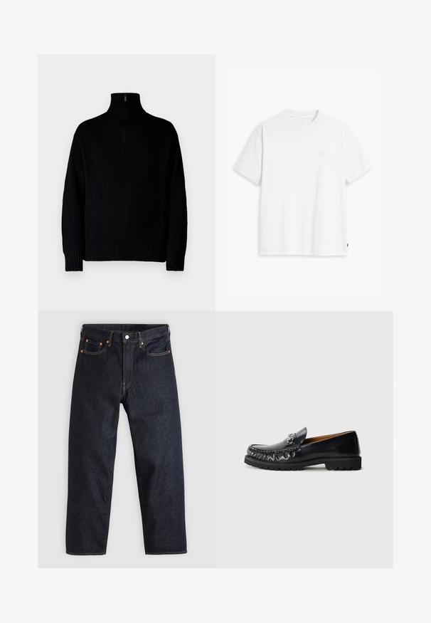 Melnā, ribiņota turtleneck džemperis ar pusi rāvējslēdzēju apkaklē, garām piedurknēm un brīvu piegriezumu. Audums ir mīksts un masīvs.; Balta kokvilnas T-krekls ar īsām piedurknēm, apaļu kakla izgriezumu un maigi redzamu Levi's logotipu centrā. Mīksta tekstūra un standarta piegriezums.; Tumši zili džinsi ar taisnu piegriezumu, piecām kabatām, kontrastējošiem apelsīnu diegiem un ar pogu aizdari. Nav redzamu rakstu vai rotājumu.; Melna ādas mokasīna ar noapaļotu purngalu, dekoratīvu šuvju un metāliski spīdīgu akcentu priekšā; gumijas zole ar saķeres rakstu.