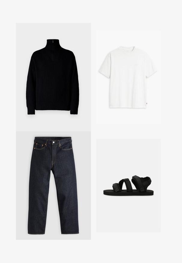Schwarzer gerippter Rollkragenpullover mit einem Halb-Reißverschluss am Kragen, langärmlig und in lässiger Passform. Die Textur ist weich und grob.; Weißes Baumwoll-T-Shirt mit kurzen Ärmeln, Rundhalsausschnitt und dezentem Levi's-Logo in der Mitte. Weicher Stoff und normale Passform.; Dunkelblaue Jeans aus Denim mit geradem Schnitt, fünf Taschen, kontrastierenden orangen Nähten und einem Knopfverschluss. Keine sichtbaren Muster oder Verzierungen.; Schwarze Sandalen mit drei verstellbaren Riemen, flacher Sohle und einer strukturierten Fußbettoberfläche für besseren Halt. Hergestellt aus weichen Materialien für zusätzlichen Komfort.