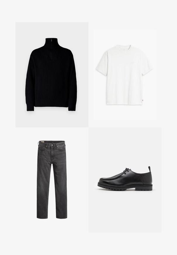 Čierny rebrovaný rolák so zipsom po polovici goliera, s dlhými rukávmi a voľným strihom. Textúra je mäkká a robustná.; Biely bavlnený tričko s krátkymi rukávmi, okrúhlym výstrihom a jemným logom Levi's potlačeným v strede. Mäkčená textúra a štandardný strih.; Tmavošedé riflové nohavice s rovnými nohavicami, piatimi vreckami a medenými nitmi. Klasický dizajn s jemne vyblednutou textúrou.; Čierne kožené šnurovacie topánky s robustnou podrážkou a poutkom na päte, zobrazené z boku na bielom pozadí.