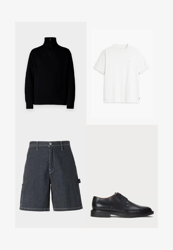 Must mustriba kaelusega must särk, millel on pooltõmblemine kaeluses, pikkade varrukatega ja lõdva istuvusega. Tekstuur on pehme ja jäme.; Valge puuvillane T-särk lühikeste varrukatega, ümmarguse kaelusega ja esiküljel heledas toonis peen "Levi's" logo.; Tumestriipidega puuvillased lühikesed püksid, mis on lõdva istuvusega, küljetaskudega, vööloopidega ja silmatorkavate valgete õmblusdetailidega.; Must musta kleitjalats ümarate varvastega, paeltega disain ja madal virnastatud konts. Sile tekstuur minimaalsete õmblustega.