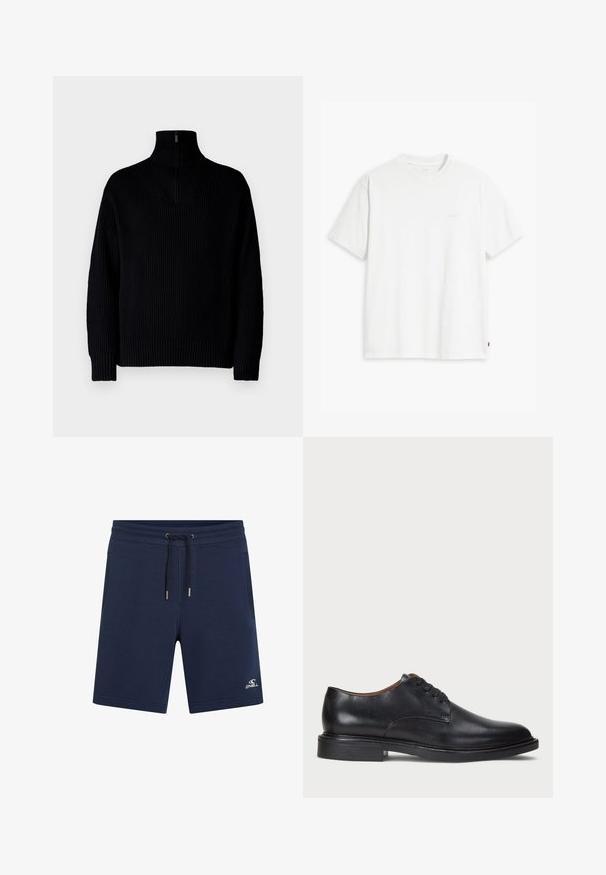 Pull en maille côtelée noir avec un demi-fermeture éclair au col, doté de manches longues et d'une coupe décontractée. La texture est douce et épaisse.; T-shirt en coton blanc à manches courtes, col rond, avec un logo "Levi's" discret imprimé en couleur claire sur le devant.; Shorts en coton bleu marine avec une taille élastique, fermeture à cordon, poches latérales et logo blanc sur le bas de la jambe gauche.; Chaussure de ville en cuir noir avec un bout rond, un laçage et un petit talon empilé. Texture lisse avec des détails de couture minimaux.