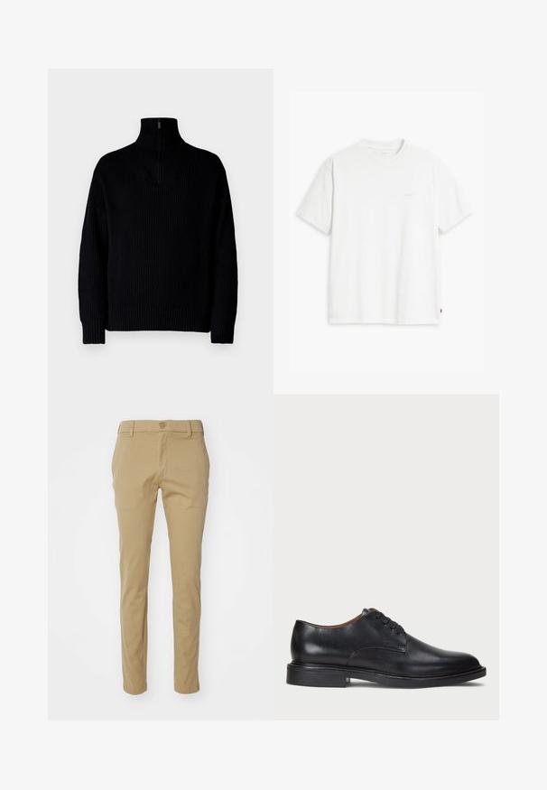 Schwarzer gerippter Rollkragenpullover mit einem Halb-Reißverschluss am Kragen, langärmlig und in lässiger Passform. Die Textur ist weich und grob.; Weißes Baumwoll-T-Shirt mit kurzen Ärmeln, Rundhalsausschnitt und dezentem Levi's-Logo in der Mitte. Weicher Stoff und normale Passform.; Khaki-Hosen aus leichtem Baumwollstoff, mit schlankem Schnitt, glatter Textur und einem normalen Bund mit Knopfverschluss.; Schwarze Lederdressschuhe mit runder Zehenform, Schnürdesign und niedrigem gestapeltem Absatz. Glatte Textur mit minimalen Nähten.