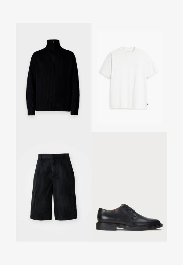 Suéter negro de cuello alto de canalé con media cremallera en el cuello, presenta mangas largas y un ajuste relajado. La textura es suave y gruesa.; Camiseta de algodón blanca con mangas cortas, cuello redondo y sutil logo de Levi's impreso en el centro. Textura suave y ajuste estándar.; BDG Urban Outfitters STRIPED WORKER - Shorts vaqueros - black; Zapato de vestir de cuero negro con punta redonda, diseño con cordones y un tacón bajo apilado. Textura lisa con detalles de costura mínimos.
