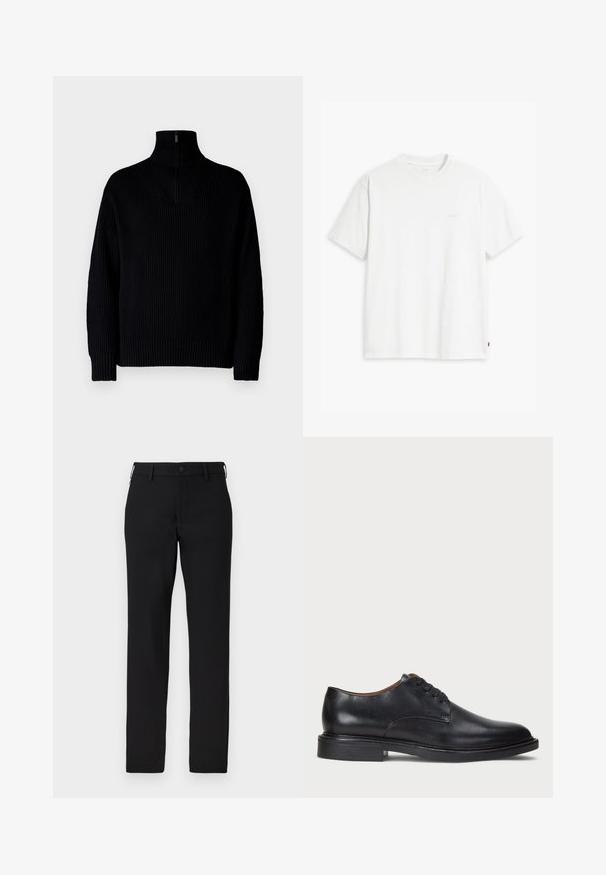 Crni rebrasti pulover s visokim vratom i polu-zatvaračem na ovratniku, ima duge rukave i opušteni kroj. Tekstura je mekana i gusta.; Bijela pamučna majica kratkih rukava, s okruglim izrezom i suptilno otisnutim Levi's logotipom u sredini. Mekana tekstura i standardni kroj.; Crne hlače od glatkog materijala, ravnog kroja, s kopčanjem na dugme i petljama za remen. Nema vidljivih uzoraka ili akcenta.; Crne kožne cipele s okruglim vrhom, vezanjem i niskim stogom. Glatka tekstura s minimalnim šavovima.