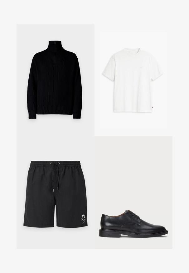 Black ribbed turtleneck sweater with a half-zip at the collar, featuring long sleeves and a relaxed fit. The texture is soft and chunky.; White cotton t-shirt with short sleeves, round neckline, and a subtle "Levi's" logo printed in light color on the front.; Black swim shorts made of lightweight fabric. Elastic waistband with drawstring and silver-tipped ends. Logo printed in white on the bottom left.; Black leather dress shoe with a round toe, lace-up design, and a low stacked heel. Smooth texture with minimal stitching details.