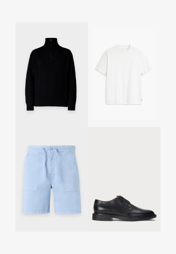 Must mustriba kaelusega must särk, millel on pooltõmblemine kaeluses, pikkade varrukatega ja lõdva istuvusega. Tekstuur on pehme ja jäme.; Valge puuvillane T-särk lühikeste varrukatega, ümmarguse kaelusega ja esiküljel heledas toonis peen "Levi's" logo.; Heledsinise värvi puuvillased lühikesed püksid, millel on paelast vöökoht, kaks eesmist taskut ja sile tekstuur. Lihtne disain minimaalse aktsendiga.; Must musta kleitjalats ümarate varvastega, paeltega disain ja madal virnastatud konts. Sile tekstuur minimaalsete õmblustega.