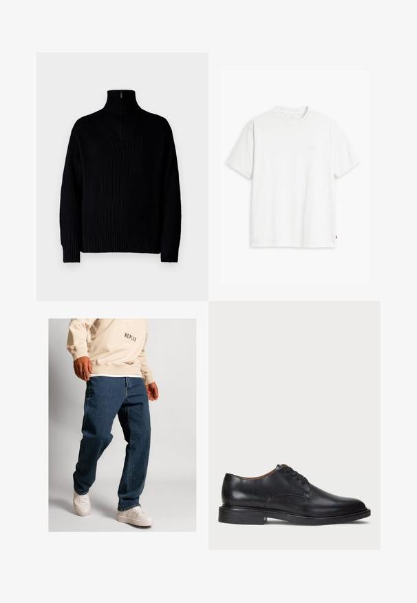 Pulover negru cu guler înalt, cu textură canelată și fermoar pe jumătate la guler, având mâneci lungi și o croială lejeră. Textura este moale și groasă.; Tricou alb din bumbac cu mâneci scurte, guler rotund și logo-ul subtil Levi's imprimat în centrul său. Textură moale și croială standard.; Blugi din denim albastru, cu o croială lejeră, având un fermoar standard și cusături cu contrast, asortați cu adidași off-white și un pulover bej deschis.; Pantofle din piele neagră cu vârful rotund, design cu șireturi și toc jos stratificat. Textură netedă cu detalii de cusătură minime.