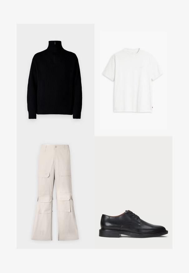 Črna rebrasta pulover z visoko ovratnikom in zadrgo do polovice ovratnika, dolgimi rokavi in sproščenim krojem. Tekstura je mehka in debela.; Bela bombažna majica s kratkimi rokavi, okroglim ovratnikom in subtilnim logotipom Levi's, natisnjenim na sredini. Mehak material in standardna oblika.; Bež cargo hlače s sproščenim krojem, ki imajo več žepov s poklopcem na straneh in zaklepanje na gumb. Narejene iz lahkega materiala.; Črne usnjene oblečne čevlje s krožno konico, zavezovanje z vezalkami in nizko plastiko. Gladka tekstura z minimalnimi šivi.