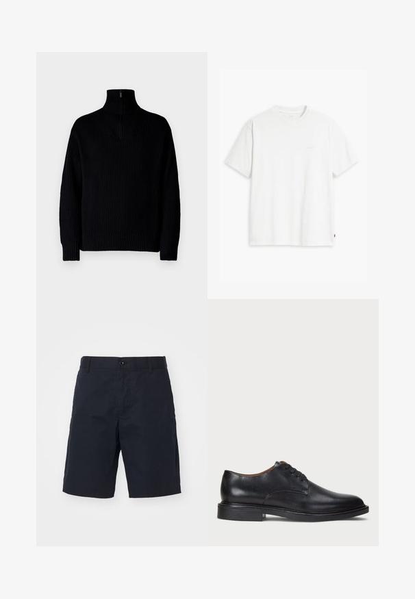 Black ribbed turtleneck sweater with a half-zip at the collar, featuring long sleeves and a relaxed fit. The texture is soft and chunky.; White cotton t-shirt with short sleeves, round neckline, and a subtle "Levi's" logo printed in light color on the front.; Black cotton shorts featuring a flat front, side pockets, a button closure, and a straight leg cut. No visible patterns or accents.; Black leather dress shoe with a round toe, lace-up design, and a low stacked heel. Smooth texture with minimal stitching details.