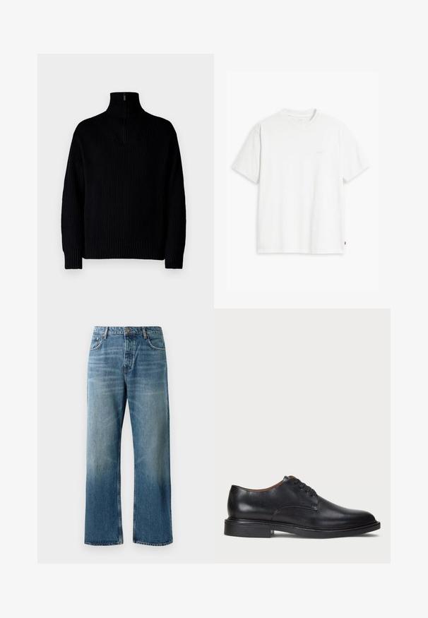 Fekete bordázott garbó pulóver fél cipzárral a gallérnál, hosszú ujjakkal és laza szabással. A textúrája puha és vastag.; Fehér pamut rövid ujjú póló, kerek nyakkivágással és egy finom, világos színű "Levi's" logóval az elején.; Világoskék, széles szárú farmer, elhasználódott mosással, egy gombos záródással, öt zsebbel és kontrasztos varrással.; Fekete bőrből készült dresszcipő kerek orral, fűzős kialakítással és alacsony, rétegelt sarkával. Simás felület minimális varrási részletekkel.